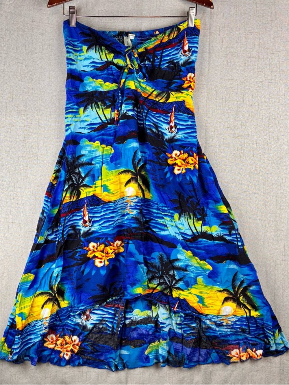 Sunny Island Hawaii Halter Tie Dress Midi Hi-Lo Lightweight Flirty Beach Surf S*